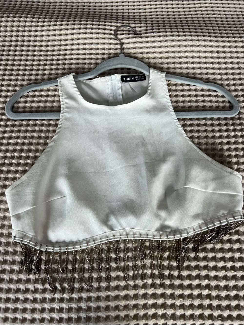 SHEIN White Beaded Fringe Halter Crop Top with Silver Accents